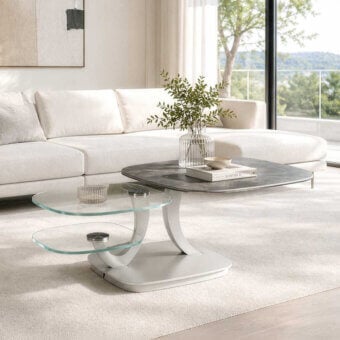 Sophisticated Naos Loto extendable coffee table in dark grey veined ceramic with transparent glass and matte light metal base