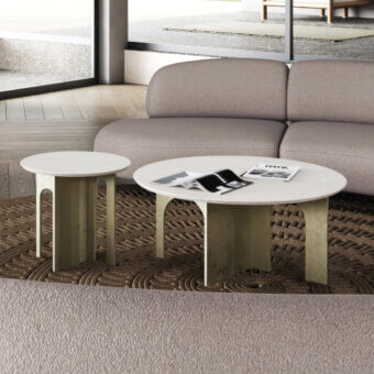 Exquisite Paolo Castelli Arche coffee table in natural ivory polished stone and champagne satin metal