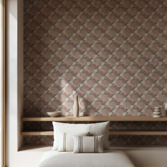 Sophisticated Tecnografica Italian Wallcoverings wallcovering featuring interlocking geometric arches in pink, blue, beige, brown and matte finish