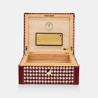 Premium Vèlle Milano Cigars Humidor in red and white houndstooth Loro Piana Interiors fabric with leather, Spanish cedar