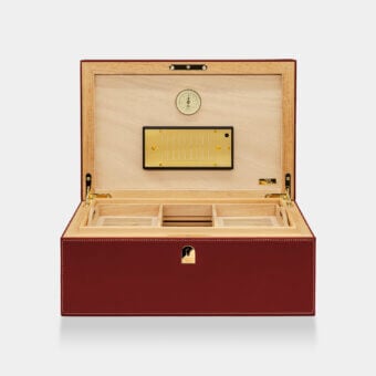 Exquisite Vèlle Milano Cigars Humidor Grand crafted in burgundy padded leather with white stitching and gold-toned hardware