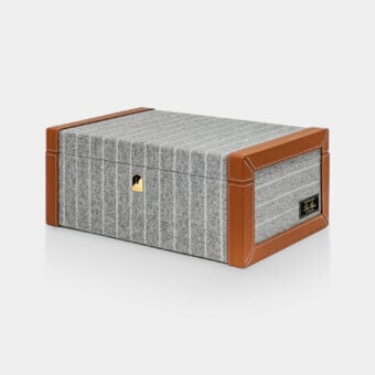 Sumptuous Vèlle Milano Cigars Humidor Grand in gray striped Loro Piana fabric with cognac brown leather and gold toned hardware