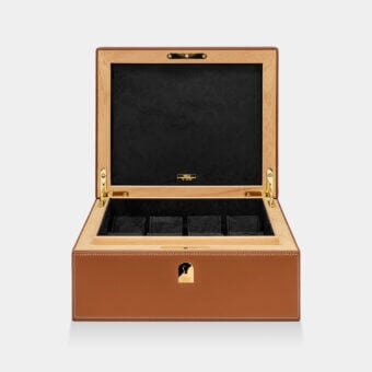 Impeccable Vèlle Milano Watch Case in cognac brown padded leather with refined white contrast stitching and light wood trim