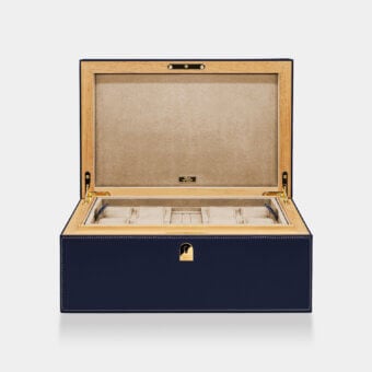Exquisite Vèlle Milano Watch Case Grand in navy blue padded leather with white stitching and polished gold-toned hardware