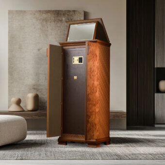Luxury Agresti Gioia Classico armoire in briar wood with warm burled grain matte finish gold plated accents vanity mirror