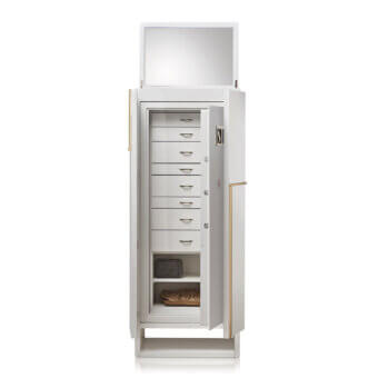 Sophisticated Agresti Gioia Moderno armoire featuring high gloss white finish and gold toned hardware