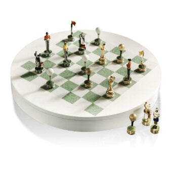 Luxury Agresti Golf Club chess set in bird eye maple and green oak with polished finish and hand painted metal…