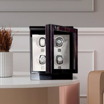 Luxury Agresti Il Passatempo watch winder chest in dark wood with vertical grain patterns and ruthenium brass details