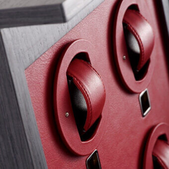 Luxury Agresti Il Passatempo watch winder chest in dark grey wood with maroon interior and ruthenium brass accents