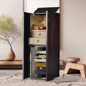 Luxury Agresti La Dolce Vita bar cabinet in ebony wood with ruthenium brass parts plus maple interior and leather handles