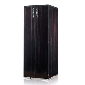 Exquisite Agresti La Dolce Vita bar cabinet featuring dark brown ebony wood, leather handles, and ruthenium brass details