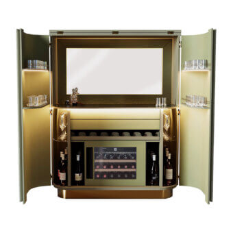 Exquisite Agresti Peninsula bar cabinet in muted olive green wood with polished brass details and marble
