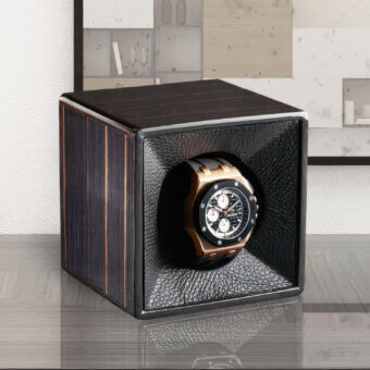 Luxury Agresti Tempo Unico watch winder in glossy dark brown wooden body with copper stripes and leather interior lining