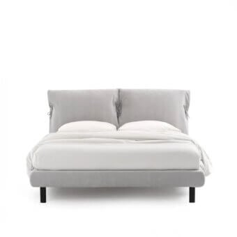 Elegant Noctis Eden Advance bed featuring dual-cushion upholstered headboard in soft light grey fabric with decorative bows