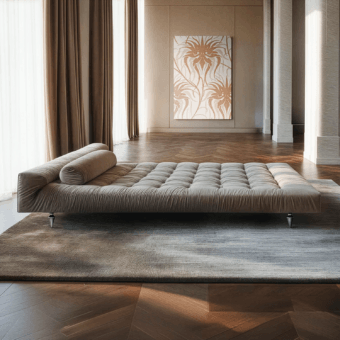 Sophisticated JR Home by John Richmond chaise lounge in greyish-taupe textile with button-tufted detail plus nickel legs