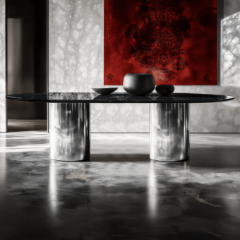 Exquisite JR Home Darren O Oval Table featuring a natural quarried marble top with black matte finish and heavy gauge…