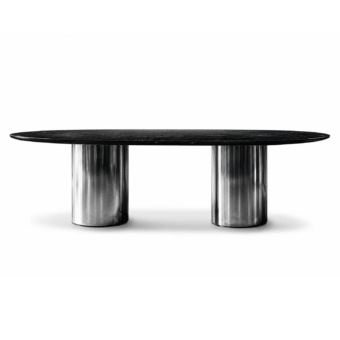 Exquisite JR Home Darren JR Oval Table with natural quarried marble top and nickel black antique columns