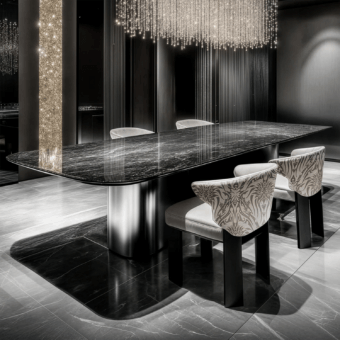 Luxury Darren JR-152-R rectangular table with natural quarried marble top and reflective Nickel Black Antique columns