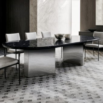 Luxury Deborah JR-240 John Richmond table featuring natural marble top and nickel black antique block bases