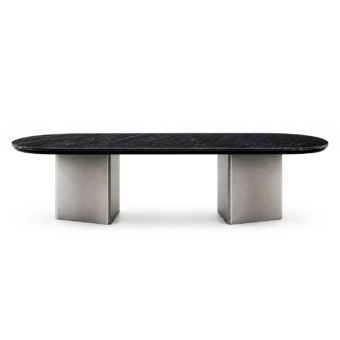 Luxury JR Home Deborah JR-240 table with natural quarried black marble top, matt undertop and nickel antique block bases