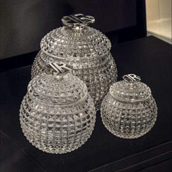 Exquisite JR Home by John Richmond box in clear lead crystal featuring diamond cut texture and silver plated bronze handle