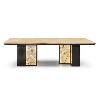 Exquisite JR Home by John Richmond table featuring a light beige natural marble top and ash black veneer bases