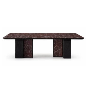Luxury Mick JR-314 table with burgundy marble slab and monolithic block bases in ash black open-pore wood veneer finish