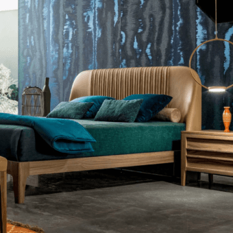 Luxury Modesign Alba bed with tan textile vertical channel tufted headboard and natural matte wood grain frame finish