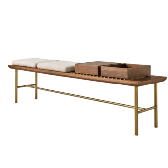 Exquisite Modesign bench featuring off-white cushions, wood storage trays, medium-dark brown finish, and brass-like metal base