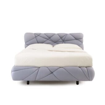 Luxury Noctis Marvin bed with geometric quilted pattern crafted in lavender-gray woven Lycra fabric plus cushioned build