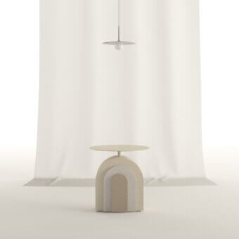 Exquisite PIMAR Arco coffee table in off white beige light gray natural stone brass matte finish