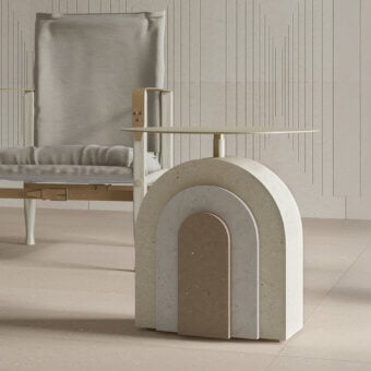 Exquisite PIMAR Arco coffee table in beige, cream, taupe stone and brass with matte finish