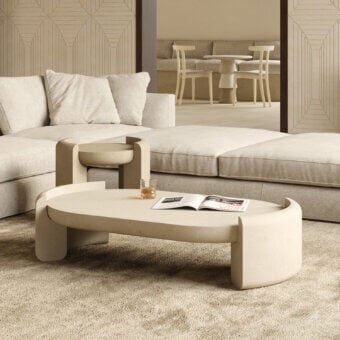 Sophisticated PIMAR Fuente coffee table in neutral beige natural stone with matte textured finish