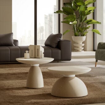 Exquisite PIMAR Contemporary Geo coffee table in light beige stone with matte textured finish and sculptural pedestal base