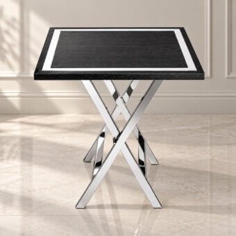 Luxury Selezioni Domus X-File side table with dark wood textured grain, white inlaid border, polished metal X supports