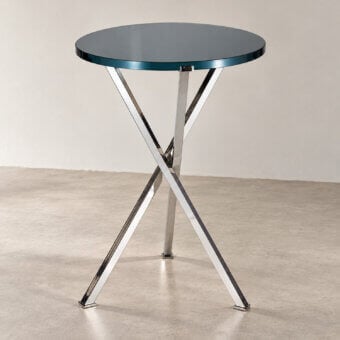 Luxury Selezioni Domus Shanghai side table with circular smoky blue gray glass top and reflective high gloss chrome base