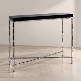 Sophisticated Selezioni Domus Bamboo console with glossy black top and polished silver metal frame