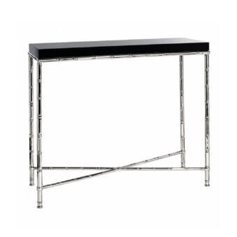 Sophisticated Selezioni Domus console featuring thick wooden top in glossy black finish upon polished metal structure