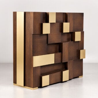 Sophisticated Selezioni Domus Step console in dark brown wenge wood featuring matte finish and satin brass metallic inlays