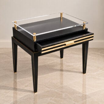 Elegant Selezioni Domus Anni ’50 make up table in matte black wood with transparent accents and satin gold details