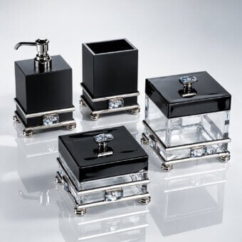 Luxury Selezioni Domus Modern Diamante bathroom item set in glossy black surfaces with transparent accents metallic feet