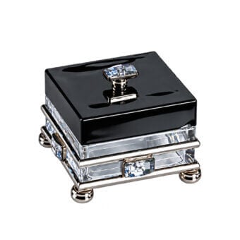 Sophisticated Selezioni Domus container with transparent glass, metallic silver hardware, glossy black top, rounded feet, crystals