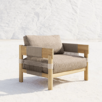 Exquisite Unopiù Cora lounge chair crafted from solid teak and matte rope with speckled cushions