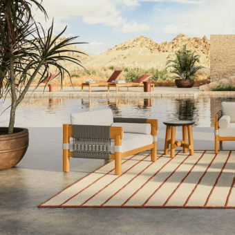 Luxury Unopiù Cora lounge chair with solid teak matte frame plus intricate dark and light woven rope panels soft cushions