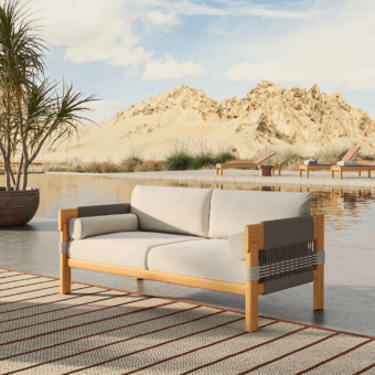 Luxury Unopiù Cora sofa in solid teak with charcoal cord weave plus plush off-white cushions and cylindrical bolsters