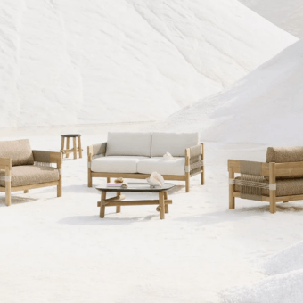 Exquisite Unopiù Cora Sofa showcasing solid teak wood, woven synthetic rope, and soft beige cushions