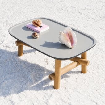 Luxury Unopiù Symi coffee table in matte Dove ceramic with natural teak base and cylindrical joinery in minimalist style