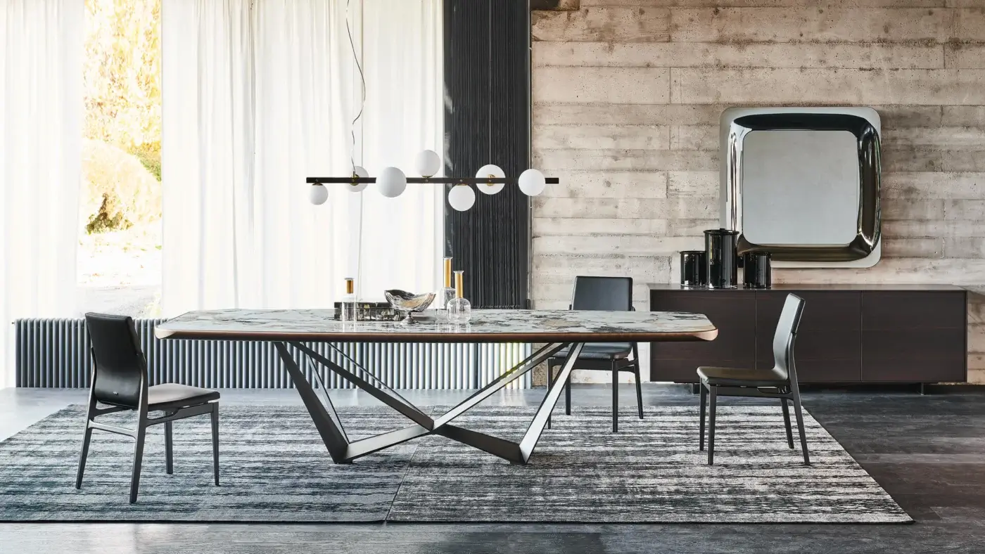 Distinctive Cattelan Italia Skorpio table with grey and brown marbled ceramic Marmi Ardesia top and graphite embossed lacquered steel legs