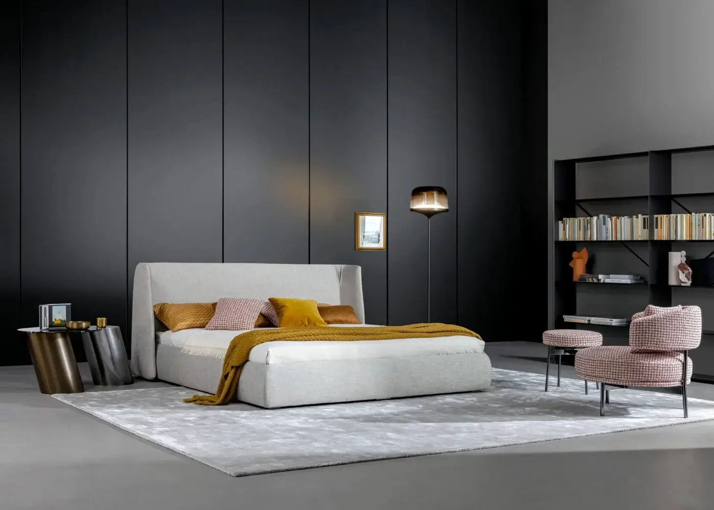 Exceptional Bonaldo Basket bed with enveloping headboard and anthracite grey painted wood square feet in light gray woven textile