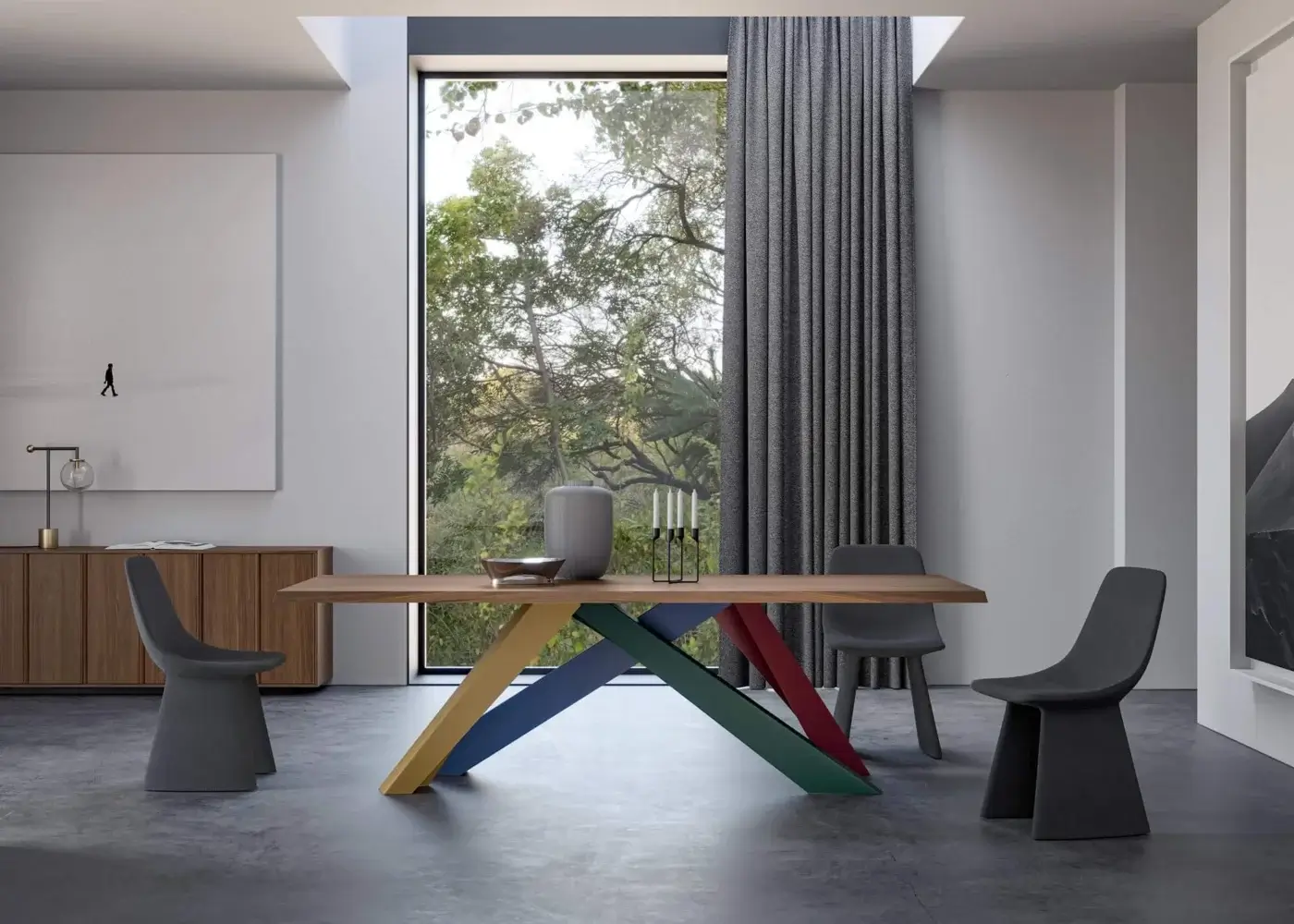 Superior Bonaldo Big table with veneered wood and diagonally intersecting legs crafted in laser-cut steel with colorful painted accents